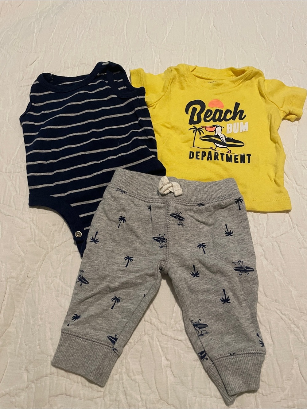 Carter's Yellow 'Beach Bum' Tee with Navy Stripe Bodysuit and Gray Palm Joggers
